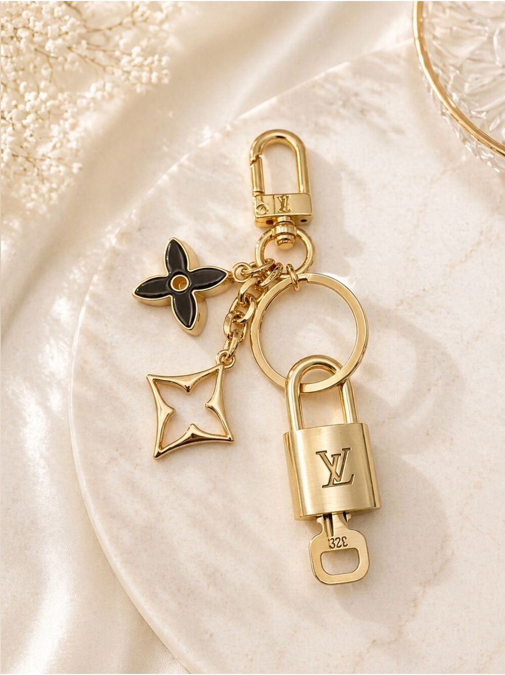 Authentic Louis Vuitton Gold Lock & Key with Unbranded Flower Clover Keychain